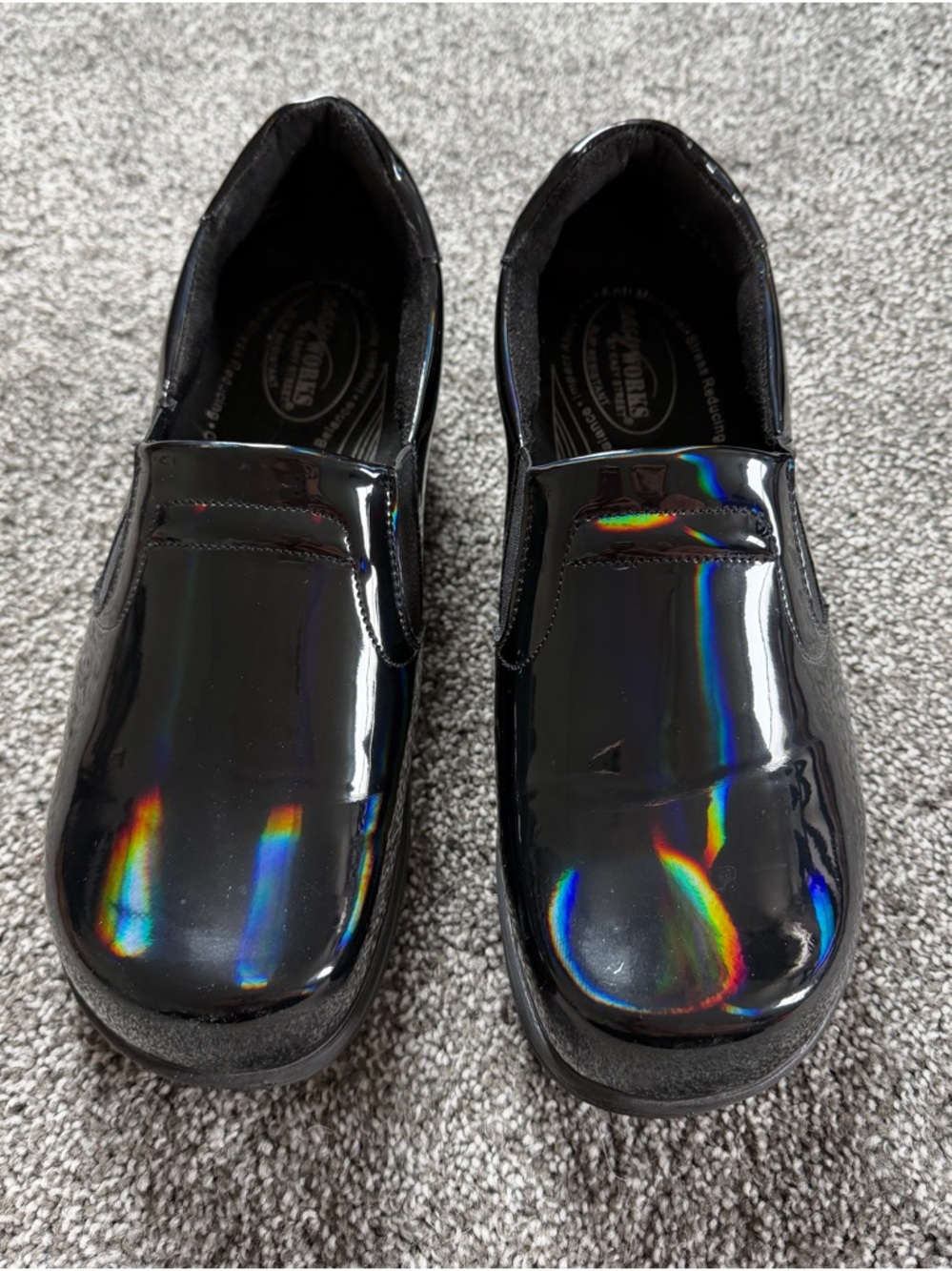 Patent Slip-On Mules in Black with Iridescent Sheen